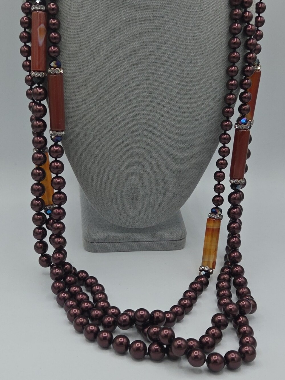 5 for $25! Coldwater CreekElegant Maroon Beaded Long Necklace with Amber Accents